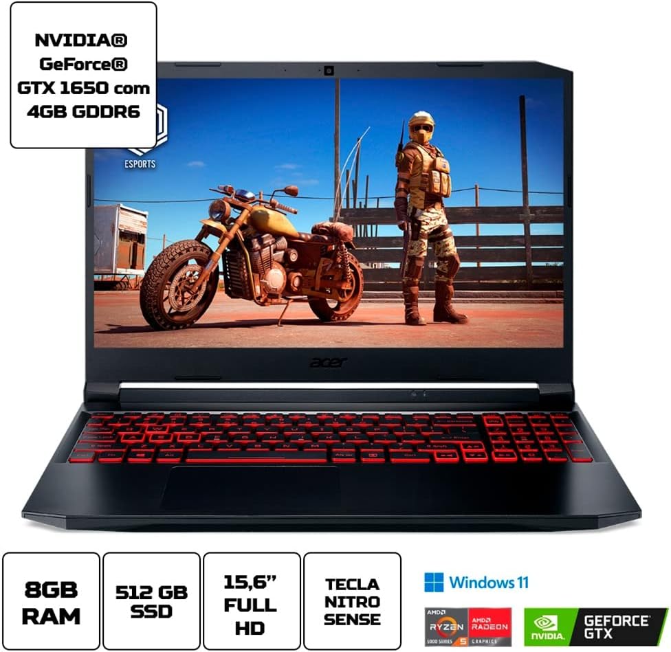 Acer Notebook Gamer Nitro 5 AN515-45-R91A Ryzen 5 Geração 5600H 8GB RAM 512GB SDD (GTX 1650) 15,6 Full HD IPS 144Hz Retroiluminado na cor vermelha Windows 11 Home